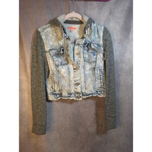 Dollhouse Acid Wash Denim Jacket With Gray Hoodie Sleeves Women Medium
